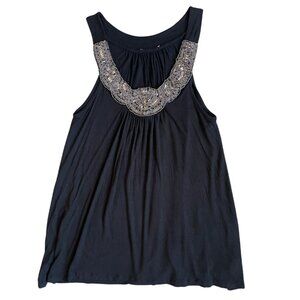 2000s Y2K Black Flowy Blouse with Silver Beaded & Sequin Scoop Neckline fits S/M